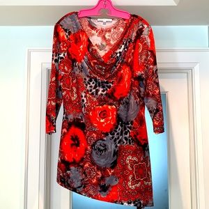 Cleo red, black and gray 3/4 sleeve tunic with asymmetrical hem, size large